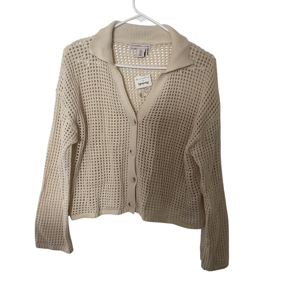 Sincerely Jules Women’s Small Cream Open Knit Crochet Cardigan Button Front NWT